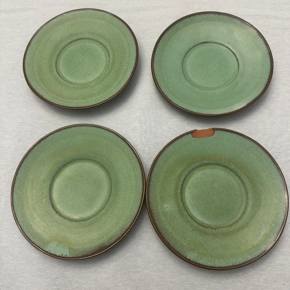 Vintage Frankoma Pottery Plainsman Prairie Green Saucers 6E Set of 4 Chipped